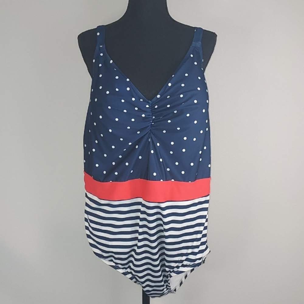 ModCloth Navy Blue Red White Polka Dot Stripe Cleo One-Piece Swimsuit Size 3X
